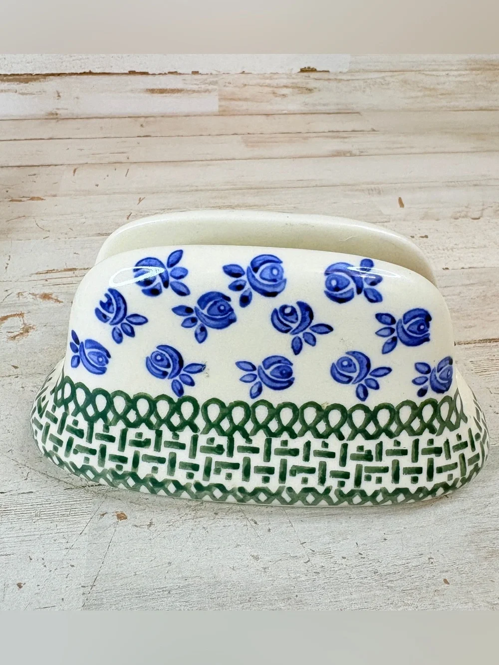 POLISH POTTERY Salt Pepper Shakers Set Tray Napkin Holder Boleslawiec Flowers